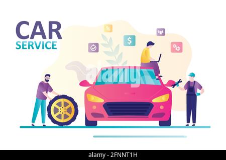 Banner on theme car service. Repairman stands with wrench and repairing auto. Man rolls wheel. Computer diagnostics, automobile repair. Worker men cha Stock Vector