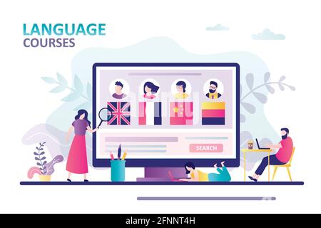 People learn foreign languages online on laptop. Female character studying profiles of teachers. Concept of online education and languages courses. Ba Stock Vector