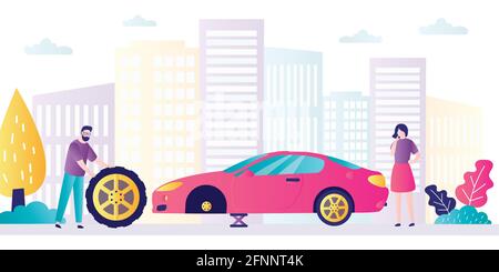 Male character replaces tire on car. Driver man change wheel on automobile. Broken auto on jack. Insurance accident on road. Couple punched wheel on r Stock Vector