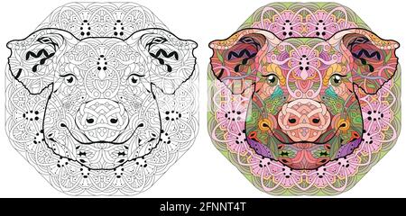 Head of pig with mandala zentangle styled for t-shirt design, for coloring, tattoo and other decorations. Color and outline set Stock Vector