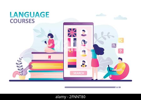 Foreign language teachers questionnaires on smartphone screen. Woman chooses teacher to study language. Concept of online education, courses and e-lea Stock Vector