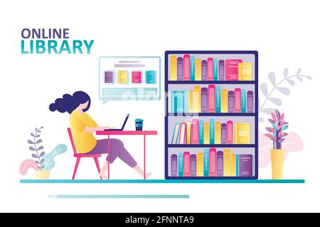 Woman sits at table and chooses book in an online bookstore. Bookshelves with many different books. Online library, e-books and new technology. Banner Stock Vector