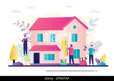 Home renovation banner. Men repairs house. Renovation and reconstruction building. Foreman and workers. Man worker, construction builder character in Stock Vector