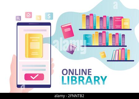 Hand holds smartphone with e-book on screen. Bookshelves with different books. Concept of new technology and online library. Applications for reading Stock Vector