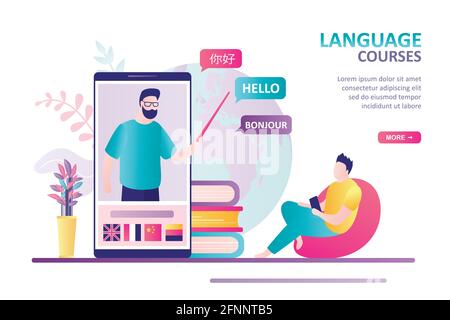 Man learning foreign languages at home. Male teacher on smartphone screen. Online language courses, distance education and e-learning. Word Hello in C Stock Vector