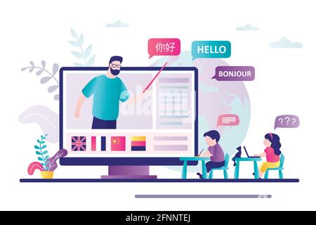 Native speaker teaches children foreign languages online. Children studying new language on courses. Kids speaking club. Word HELLO in different langu Stock Vector