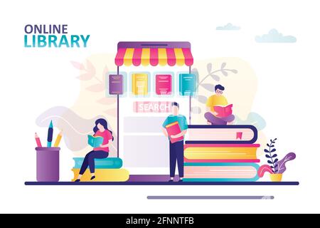 Online library on mobile phone screen. Cartoon male and female characters reading books. Concept electronic library, education and bookstore. Banner i Stock Vector