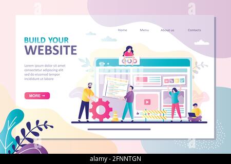 People builds website. Concept of teamwork, web design and development. Team of web developers constructs personal user account or layout for website. Stock Vector