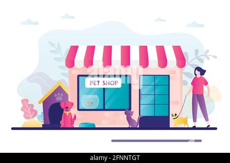 Facade of pets or zoo store. Concept of animals shop and best animals supplies. People shopping toy or feed for pets. Banner on theme petshop. Female Stock Vector