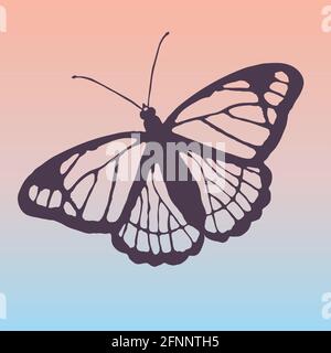 A outline of a butterfly. You see the veins in its wings, the spaces between are transparent. The background is a soft pink and blue gradient Stock Vector