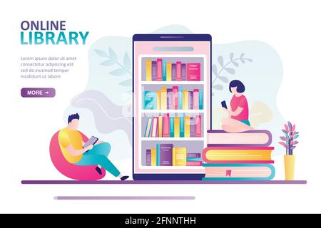Smartphone with various books on screen. Internet technology, online library or bookshop landing page. People with smart gadgets. App for reading, buy Stock Vector