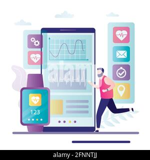 Man running with smart watch. Smartphone screen with mobile app. Athlete smartwatch or fitness bracelet with heart rate on screen. Measuring heartbeat Stock Vector