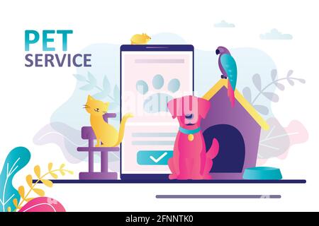 Animals sitting near mobile phone. Concept of pet service online and animal e-store. Bringing puppy to grooming, veterinary service. Shopping goods fo Stock Vector