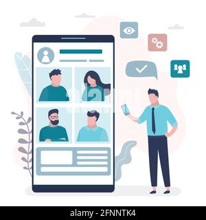 Online video conference. Businessman use smartphone. Big mobile phone with video chat application on screen. Remote communication technology via inter Stock Vector