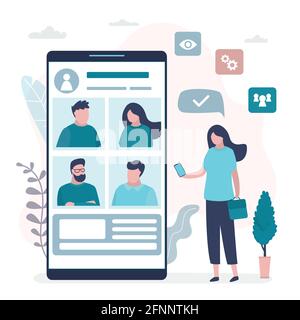 Online video conference. Businesswoman use smartphone. Big mobile phone with video chat application on screen, woman talking. Remote communication tec Stock Vector