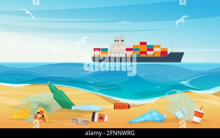 Ocean beach with trash and plastic waste. Plastic bottles, bags, organic waste and other rubbish on the sand. Cargo ship on the horizon. Vector illust Stock Vector