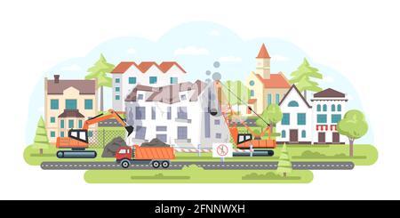 Breaking a house - modern flat design style illustration. Demolition of a home in the housing complex. Images of special vehicles, crane with a wrecki Stock Vector