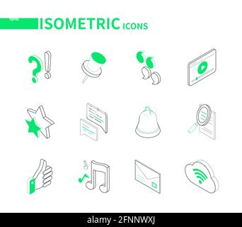 Social media symbols - modern line isometric icons. Marketing and networking idea. Question and exclamation marks, pin, quotes, stars, chat, bell, sea Stock Vector