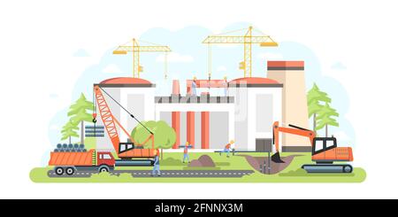 Industrial complex under construction - flat design style illustration. Urban landscape with factory, plant. Images of special vehicles, crane, excava Stock Vector