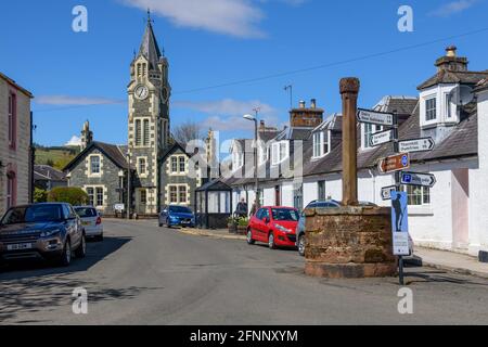 The Mercat Cross and Clock Tower in Moniave near Thornhill Scotland Stock Photo