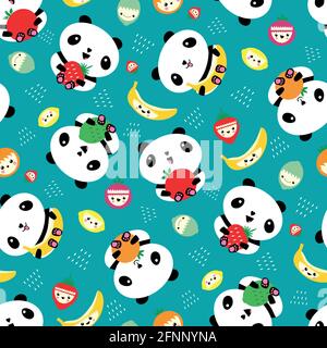 Kawaii panda and fruit seamless vector pattern background. Backdrop with cartoon bears holding apples, bananas, strawberries, oranges. Laughing and Stock Vector