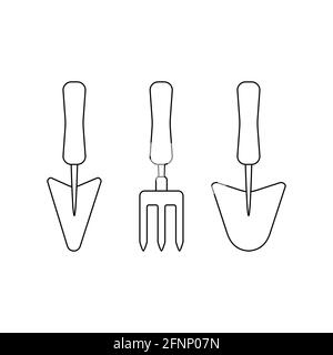 Gardening tools set of handfork and trowels outline simple minimalistic flat design vector illustration isolated on white background Stock Vector