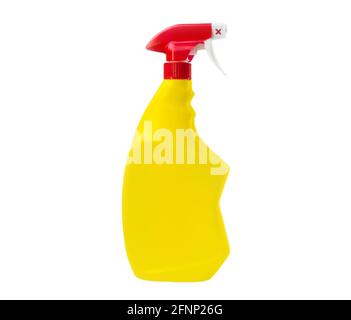 Yellow empty plastic bottle with red spray bottle isolated on white background. Packaging mockup Stock Photo