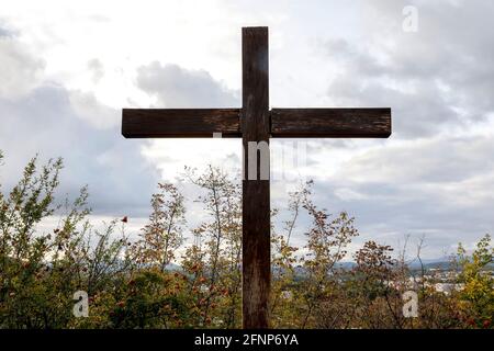 Wooden cross on Podbrdo Mountain at the place of apparition of the Virgin Mary, Medjugorje, Bosnia and Herzegovina Stock Photo