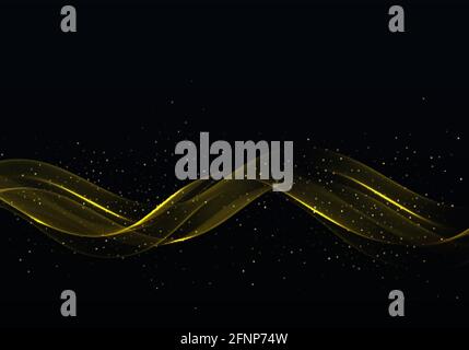Golden abstract transparent light effect on black background, gold glitters and light lines in golden color. Abstract background Stock Vector