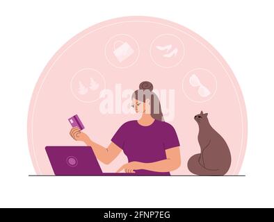 Woman doing online shopping with a laptop. Stock Vector