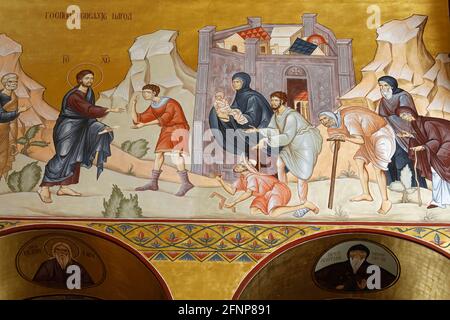 Resurrection orthodox cathedral, Podgorica, Montenegro. Fresco detail. Jesus healing the sick and the blind. Stock Photo