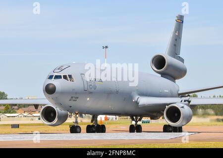 USAF Mobility Command KC-10 Extender air refuelling tanker plane at Royal International Air Tattoo, RIAT, RAF Fairford, UK. 305th AMW, 514th AMW Stock Photo