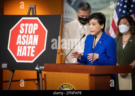 United States Representative Judy Chu (Democrat of California), center, is joined by United States Representative Mark Takano (Democrat of California), left, and United States Representative Grace Meng (Democrat of New York), right, as she offers remarks on the COVID-19 Hate Crimes Act during a press conference at the US Capitol in Washington, DC, Tuesday, May 18, 2021. Credit: Rod Lamkey/CNP /MediaPunch Stock Photo