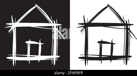 Home symbol, house, hut, shack icon vector graphic. Black and White. Hand drawn. Painting. Stock Vector
