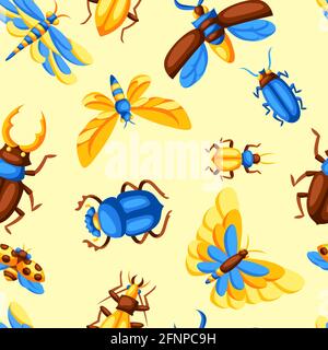 Seamless pattern with insects. Stylized butterflies, beetles and dragonflies. Stock Vector