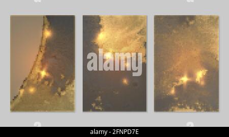 Gold and grey pattern with texture of geode and sparkles. Abstract vector background in alcohol ink technique. Modern paint with glitter. Set of backd Stock Vector