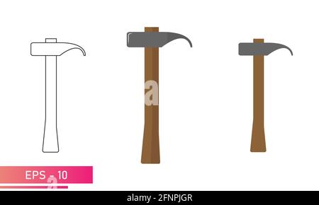 A set of hammers, with a nail clipper and a wooden handle. Realistic and linear design. On a white background. Tools for the blacksmith. Flat vector Stock Vector