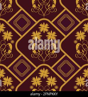 Seamless background in old baroque style with gold patterns on dark red area Stock Vector