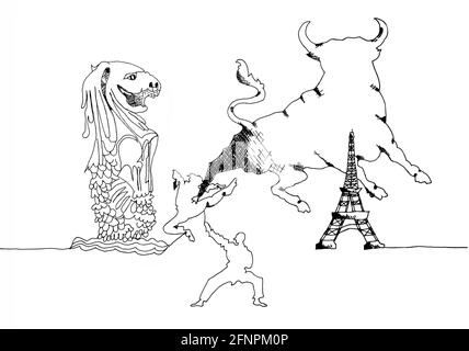 Vector illustration of landmarks and monuments from Asia and Europe. One line drawing. Crosshatched areas indicate shadows. Eiffel tower, karate fight Stock Vector
