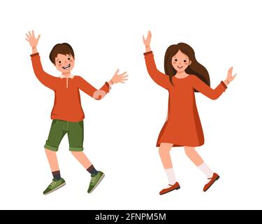 Boy in a shirt, shorts and girl in a dress, shoes with brown hair. Happy smiling kids dance their hands. Teenagers with faces in casual clothes. World Stock Vector