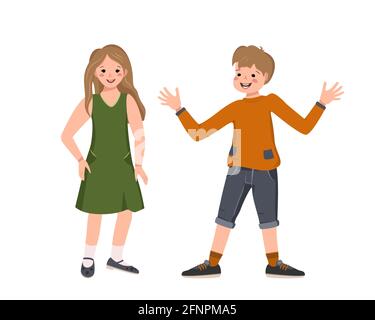 A boy in a shirt, shorts and a girl in a dress, shoes with light brown hair. Happy smiling kids rejoice. Teenagers with faces in casual clothes. World Stock Vector