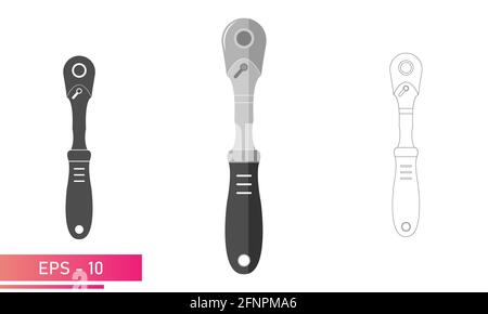 Set, Ratchet wrench with handle. Linear, solid and realistic design. On a white background. Tools for a car mechanic. Flat vector illustration. Stock Vector