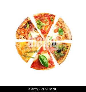 Many slices of different pizza on white background Stock Photo