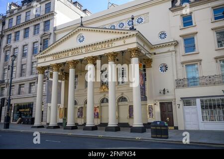 Theatre Royal Haymarket frontage in London, UK, 18 May 2021, currently showing Love Letters in a socially distanced auditorium from 19 May Stock Photo