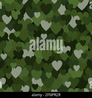 Military Seamless Pattern with Forest Green Heart Spots. Camouflage Background Stock Vector