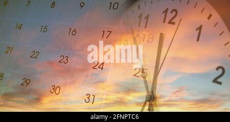 Clock and calendar in bright sky. Time passing Stock Photo