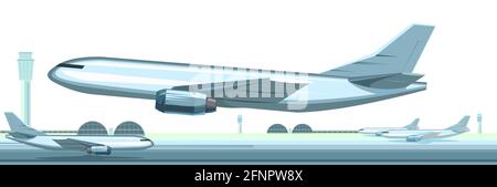 The plane takes off. Passenger and cargo planes at the airport. Summer landscape. Outside view. Runway. Towers and hangars. Isolated on white Stock Vector