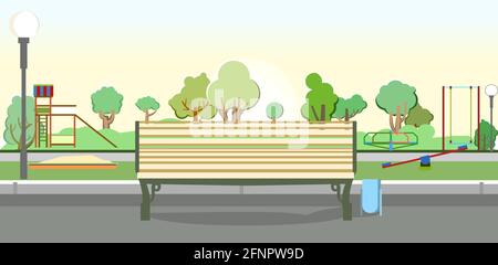Bench on the background of a playground in the park. Swings, slides and carousels. Flat cartoon style illustration. A place for children to play Stock Vector