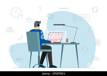 Call center operator man and hotline service icons. Male helpline worker with headset at work. Online customer support department staff, telemarketing, consultation and assistance centre vector eps Stock Vector