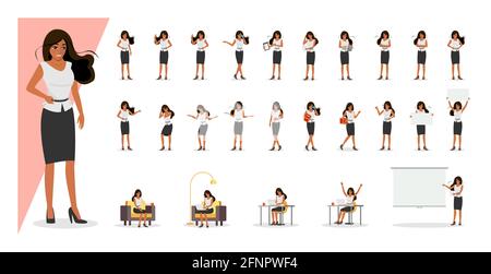 Beautiful black colored african american business woman in skirt and blouse showing gestures and emotions in different poses. Office young female mulatto businesswoman character vector eps collection Stock Vector